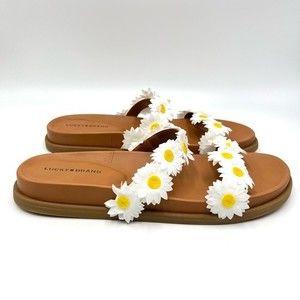 Lucky Brand Women's Pallyon Yellow‎ White Daisy Floral Flowers Sandals Slides 10